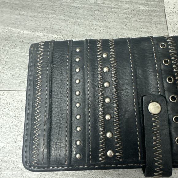 Vintage Fossil Leather Clutch Large Bifold Studded Wallet Black - Picture 2 of 6